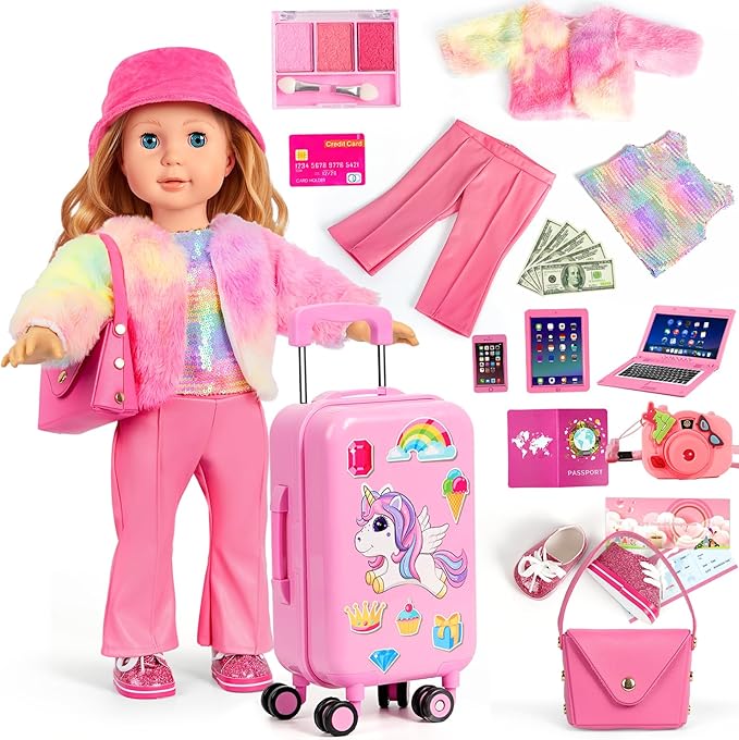 WONDOLL American 18 inch Doll Clothes and Accessories Girl-Travel Suitcase Luggage, Clothes and Shoes, Bag, Sunglasses, Camera, Passport, Notebook, Phone, pad Travel Gear Play Set(No Doll)