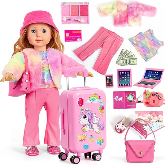 WONDOLL American 18 inch Doll Clothes and Accessories Girl-Travel Suitcase Luggage, Clothes and Shoes, Bag, Sunglasses, Camera, Passport, Notebook, Phone, pad Travel Gear Play Set(No Doll)
