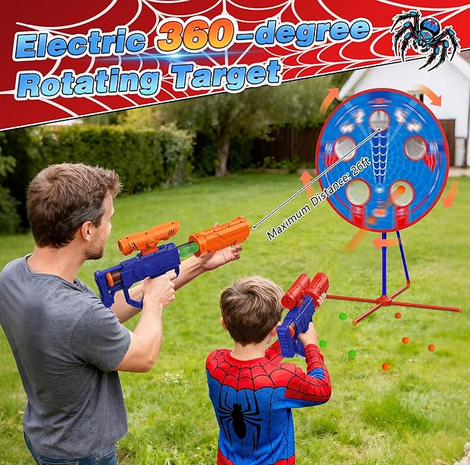 Spider Upgraded 2-in-1 Shooting Games Toys: Rotating Target, 2 Air Blasters & 24 Foam Balls, Bean Bag Toss Game for Kids, Indoor Outdoor Yard Party Games for Boys Girls 4 5 6 7 8 9 10+ Year Old Gift