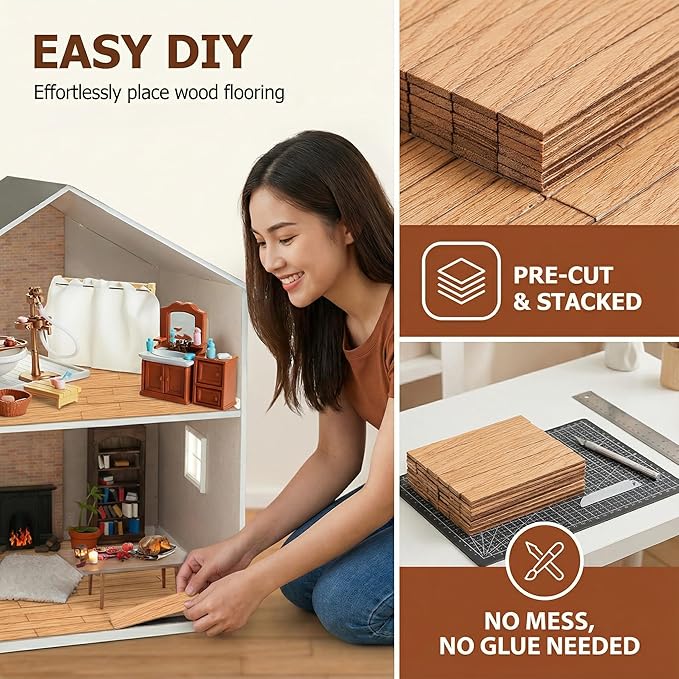 TOYANDONA 40 Pcs Miniature Dollhouse Wallpaper and Flooring Peel and Stick Miniature Wood Flooring Tiles for Doll House Mini DIY Self Adhesive Dollhouse Accessories for 1:12 Scale Doll House