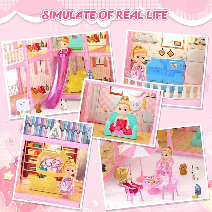 Doll House for Girls, Dream Dollhouse 4-Story 15 Rooms with 2 Dolls, Lights, Animals, Furniture and Accessories, Pretend-Play Toddler Playhouse Gift for 3 4 5 6 7 8 9 10+ Year Old Girls Toys