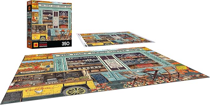 RoseArt - Kodak Premium - The Daily Grind Coffee Shop 350 Piece Jigsaw Puzzle - Cozy Autumn Coffee Shop Scene – Adult Puzzle – Finished Size Approx. 18" x 24", Made in USA