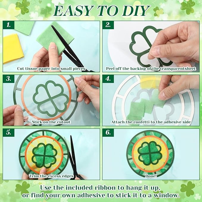 Feifeiya 24 Sets St. Patrick's Day Suncatchers Craft Kit for Kids DIY Shamrock Tissue Paper Sign Art Craft Kit Gift for Irish Saint Patrick Classroom Game Activities March Holiday Party Decor