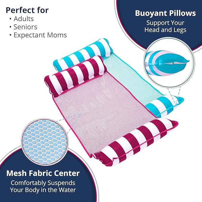 Aqua 4-in-1 Monterey Hammock Pool Float & Water Hammock, Multi-Purpose, Inflatable Pool Floats for Adults, Patented Thick, Non-Stick PVC Material, One Light Blue & One Burgundy/White Stripe, 2-Pack
