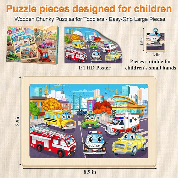 24 Piece Wooden Vehicle Jigsaw Puzzles for Kids 3-5, 4 Packs Transportation Puzzle with Storage Tray, Construction Excavator, Fire Truck & Airplane STEM Learning Toys, Birthday Gift for Kids Ages 3-8