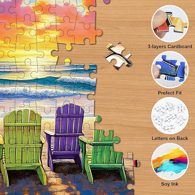 Beach Puzzles for Adults 1000 Pieces - Colorful Puzzles Beach Lounge Chair Scene, Summer Jigsaw Puzzle with Letters on Back, Challenging Hard Difficult Sunset Landscape Puzzle as Home Coast Art Decor