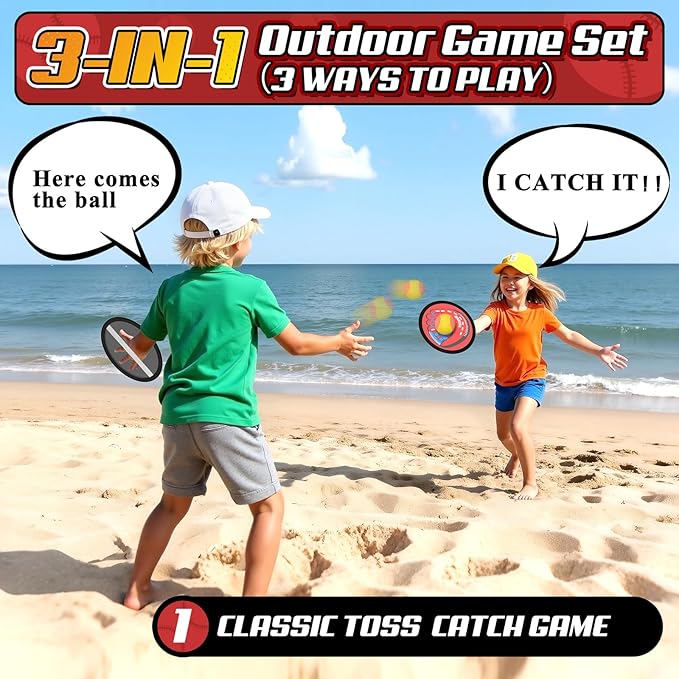 3-in-1 Toss Catch Ball Game Set, Kids Toddler Baseball Glove, Beach Games Outdoor Yard Lawn Toys for Kids & Family, Birthday Gifts Toys for 3 4 5 6 7 8-12 Year Old Boys and Girls