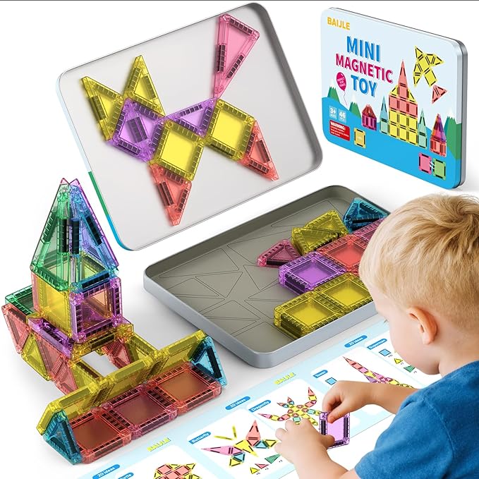 46PCS Mini Magnetic Tiles, for Kids, Portable Magnetic Toys Travel Set with Iron Case for Kids Ages 4-8,Creativity Boosting Building Toys Set,Toddler Puzzle for Boys and Girls Ages 3+