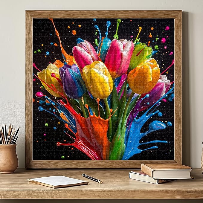 Gradient Tulips 1000 Piece Puzzle for Adults, PICKFORU Coloful Flowers Art Jigsaw Puzzles, Hard Challenging Spring Plant Theme as Wall Decor