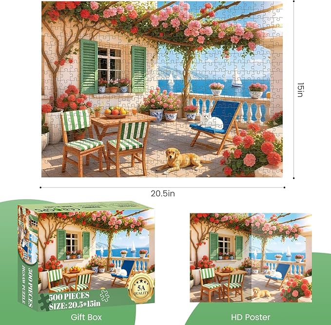 500 Piece Puzzles for Adults, Cozy Seaside Terrace Scene Jigsaw Puzzles with Dog and Cat, Relaxing 500 Piece Puzzle, Perfect for Family Time, Wall Decor, Gift for Adults, Seniors, 20.5 x 15 in