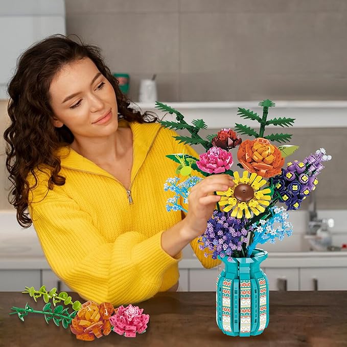 Flowers Bouquet Toys Building Blocks Set with Vase, Roses, Sunflower, Hyacinth, Hydrangea, Artificial Plants for Adults, Teen Girls, Home, Office Decor- 1853pcs