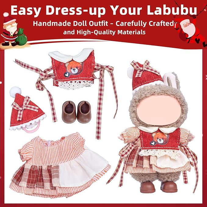Clothes for Labubu 17cm Doll (NO Doll), 4 Piece Labubu Clothes Set, Cute Labubu Outfits with Accessories, Handmade Crochet La Bubu Doll Dress Up Set（Party Bear）