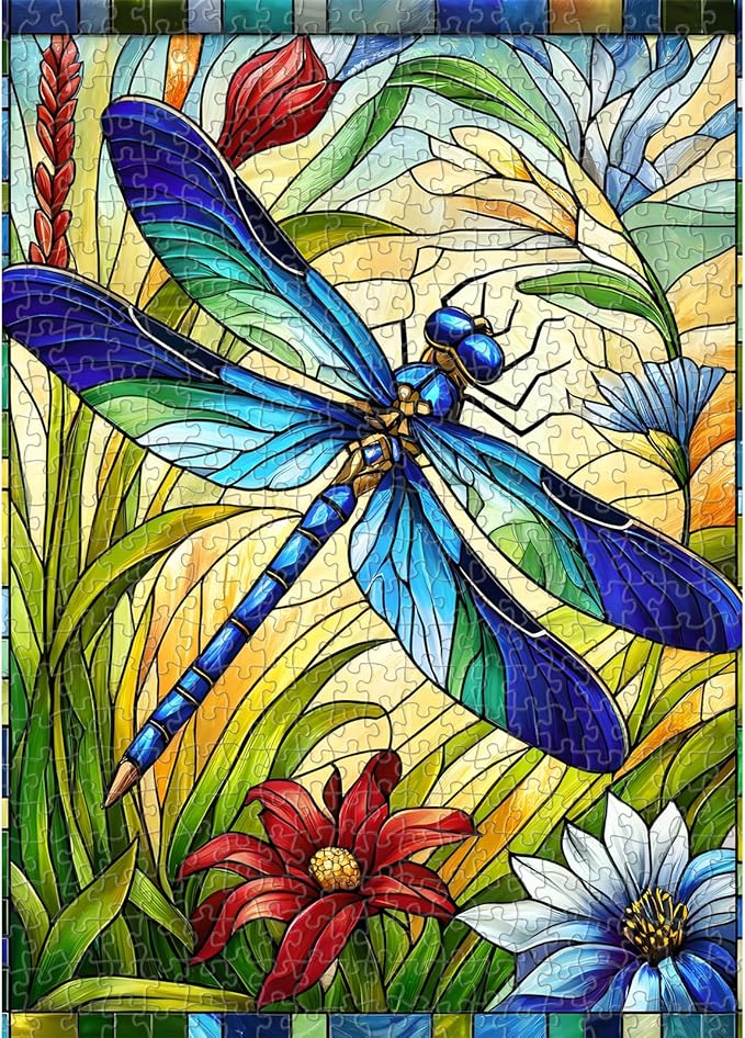 Sutinban Stained Glass Dragonfly 500 Piece Puzzles for Adult, Colorful Flower Jigsaw Puzzle 500 Pieces, Impossible Challenging Adult Puzzles for Happy Family Time, Great Gift for Puzzle Lovers