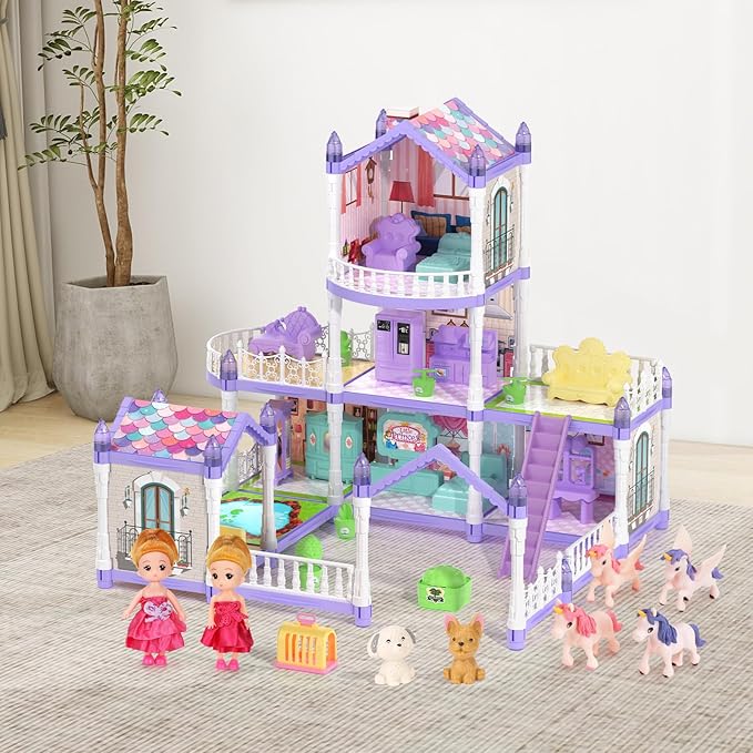 Lilac Purple Doll House for Girls, Dream Dollhouse 9 Rooms with 2 Dolls, 4 Unicons,Lights, Furniture and Accessories, Pretend-Play Toddler Playhouse Gift 3+ Year Old Girls Toys