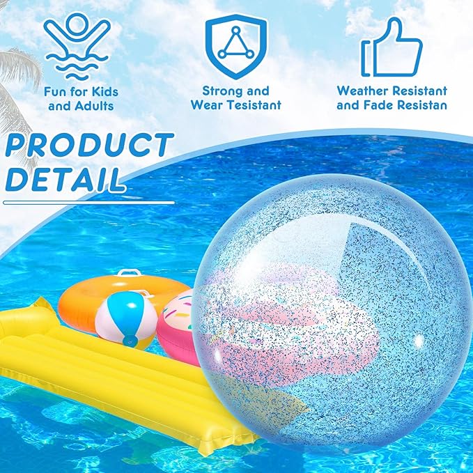 Junkin 2 Pcs 48'' Giant Sequins Beach Ball Inflatable Glitter Confetti Clear Large Jumbo Balls Toys for Outdoor Summer Swimming Pool Party Favors(Blue)