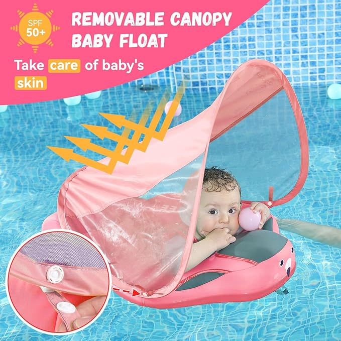 Mambobaby Baby Swim Float with Canopy Non-Inflatable Infant Pool Float with Tail 3-24 Months Avoid Flip Solid Skin-Friendly Material for Toddler Boys Girls