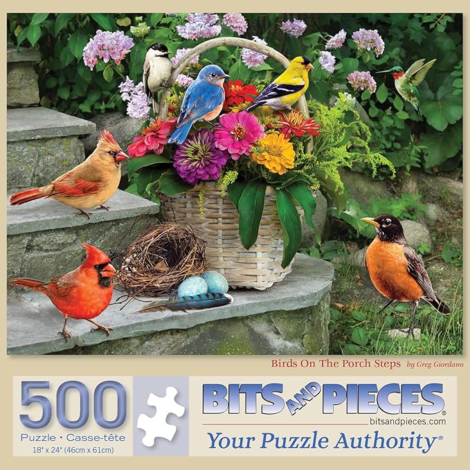 Bits and Pieces – Large 500 Piece Jigsaw Puzzle for Adults – Birds On The Porch Steps - Flowers Jigsaw Puzzle by Greg Giordano, Completed Puzzle Size: 18" x 24"