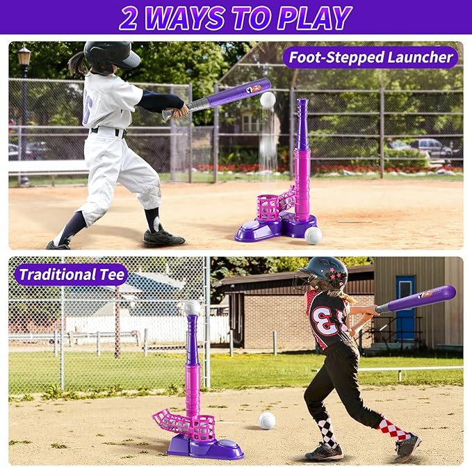 2 in 1 T Ball Sets for Kids 3-5,Tee Ball Set with 10 Balls,Step on Pitching Machine,Teeball Batting Tee,Baseball Toys Outdoor/Indoor Sport Toys Gift for 3 4 5 6 7 8 Year Old Kids Girls