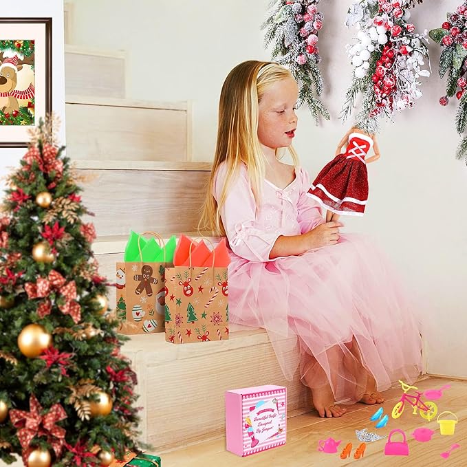 JANYUN Dresses Accessories, 6 Styles Christmas Doll Clothes with 6 Pcs Xmas Hats Party Gown Outfits Set for Doll and 98pcs Girl Dolls Shoes Necklace Bags Hanger Tableware Mirror