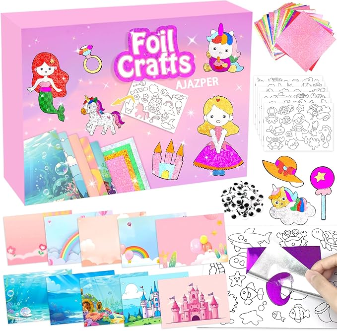 AJAZPER Foil Crafts for Kids, Arts Kit for Kids, Art & Craft Supplies Kits, DIY Creative Activity Travel Toy Gift, Ideal Birthday Christmas Party Favor Gifts for Girls Boys Ages 4+ (Pink)