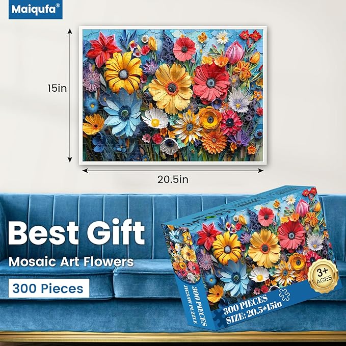 300 Pieces Puzzle for Adults | Colorful Flower Large Piece Puzzle | Recycled Cardboard Puzzles 300 Pieces | Challenging Game Home Decor Birthday Party Gift Toy for Adults Kids Seniors 20.5 * 15 inch