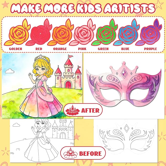 Paint with Water Coloring Books for Kids, Mess Free Watercolor Painting Kit with Princess Mask, Painting Activity for Kids Ages 3-5 4-8, Arts Crafts Drawing Gift Toy for Boy Girl
