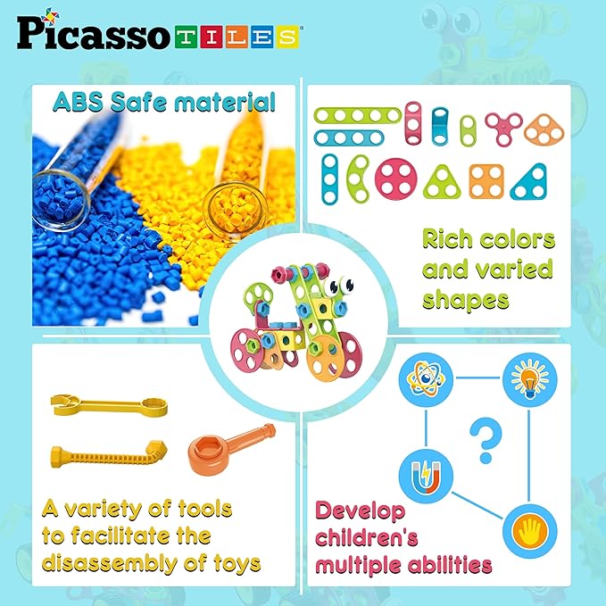 PicassoTiles 115 Piece Building Blocks Set Kids STEM Toy Construction Engineering Sensory Toys Kit Block Children Early Education Playset with FREE IdeaBook, Clickable Ratchet Age 3+ Boys Girls PTN115