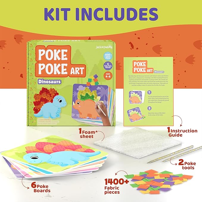 jackinthebox Poke Poke Art – Dinosaurs Theme, Mess-Free Fabric Art and Craft, Flower Pressing Kits, Gift for Kids, Easter Gifts for Girls and Boys Ages 4 5 6 7 8