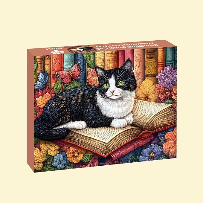 Puzzles for Adults 500 Pieces, Cat Jigsaw Puzzles - Blooming Book Cat, Impossible Book Art Puzzles for Seniors Family, 20.47x14.96 inches, 1:1 Poster, Letter on The Back