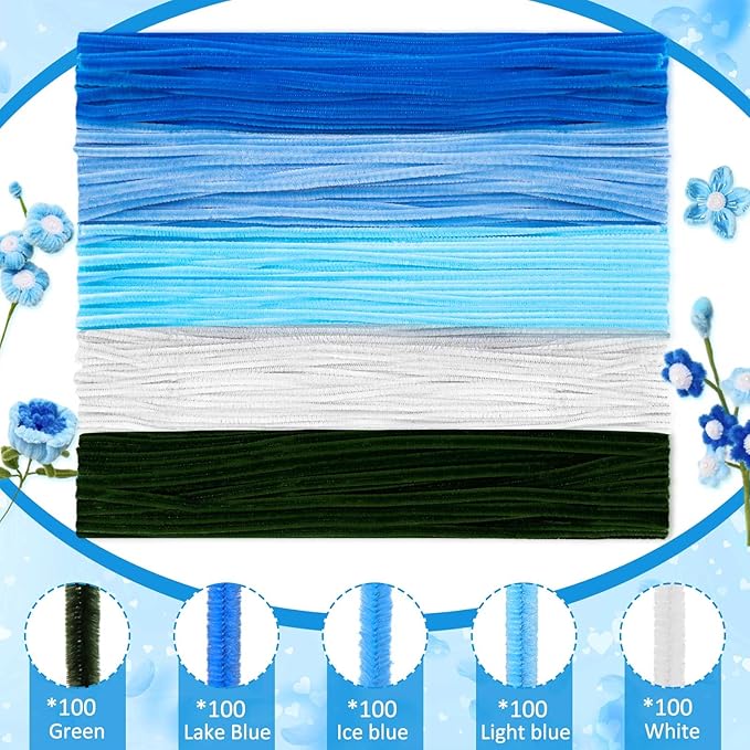 Peryiter 500 Pieces Pipe Cleaners Chenille Stems for Flowers Craft Supplies Bulk Fluffy Fuzzy Sticks for DIY Art Projects Creative Gift Wrapping Party Decorations(Blue Flower Color,12 Inch)