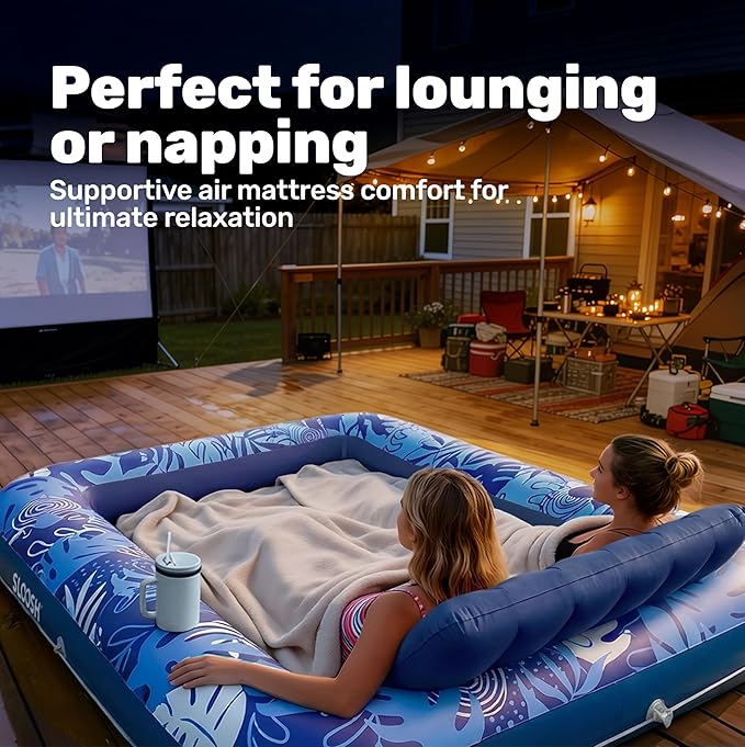 SLOOSH Inflatable Tanning Pool Lounger Float, 85" x 57" Extra Large Pool Floats Adult with Pillow, 4 in 1 Suntan Tub Raft Floatie,Sunbathing Bed Lounge for Water Blow Up Ball Pit, XL-Dark Blue