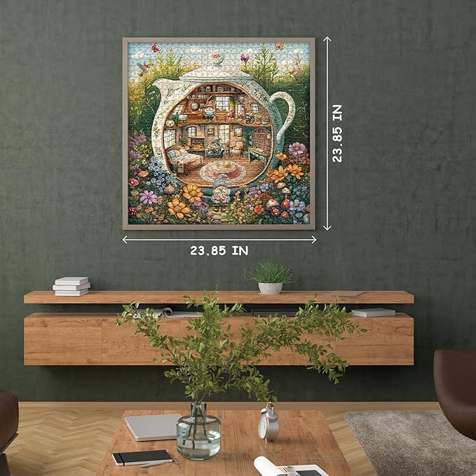 PICKFORU Funny Gnome Puzzles for Adults 1000 Pieces, Flower Garden Nature Plant Butterfly Bird Themed, Tea Cup Flower Art Challenge Jigsaw Puzzle