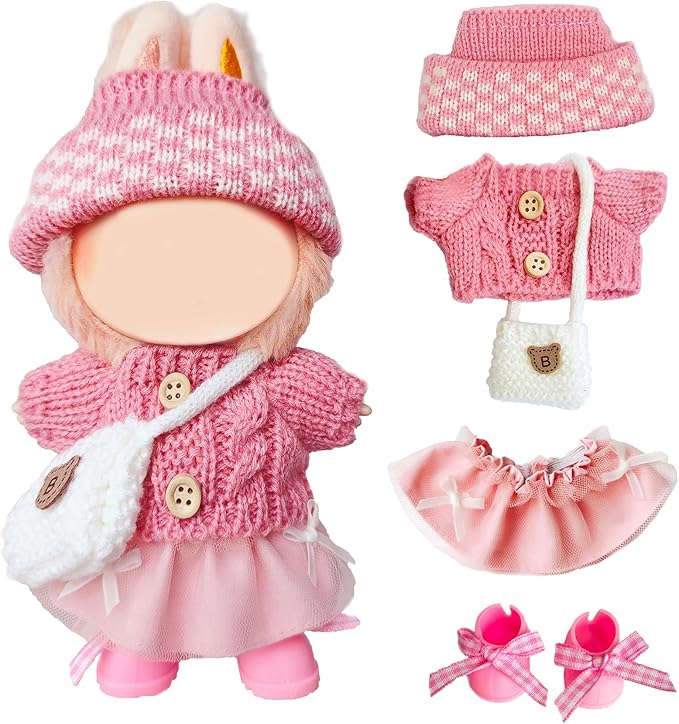 17cm Doll Clothes for Lububu,Outfits Set with Hand-Crocheted Pink Sweater, Hat, Skirt, Shoes and Bag, Designer Clothing and Accessories for Macarons Series Dolls Dress-Up(Pink Sweater Skirt)