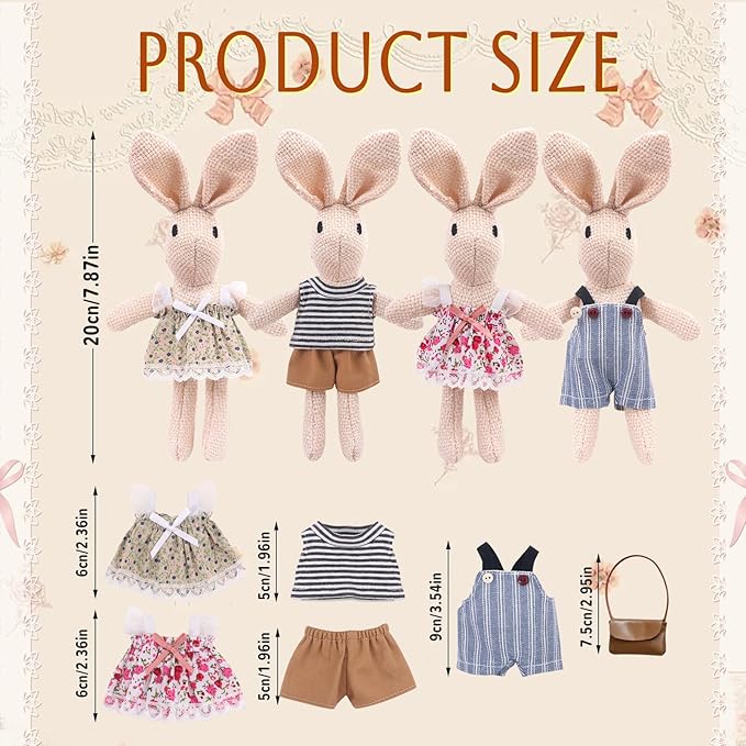 HAPGFS Handmade Rabbit Family Dolls Set of 4 with Removable Outfits & Bag, Realistic Dollhouse People Figures for Imaginative Play, Kids Room Decoration, Easter Bunny