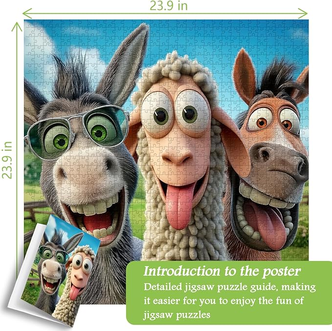 PICKFORU Laughing Ranch Jigsaw Puzzles 1000 Pieces, Funny Farm Animal Puzzles for Adults, Donkey Horse Sheep Puzzle as Home Decor