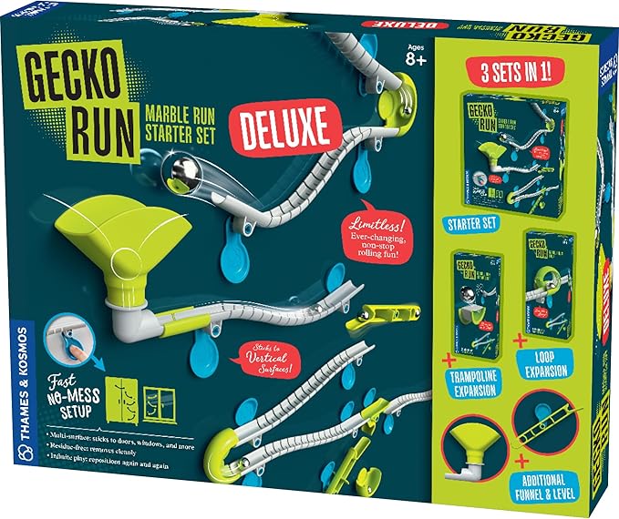 Gecko Run Marble Run Deluxe Starter Set by Thames & Kosmos – Vertical Marble Run w/Flexible Tracks, Loop & Trampoline Tricks, Fast, No-Mess Setup, Residue-Free Nano-Adhesive Pads for Creative Play