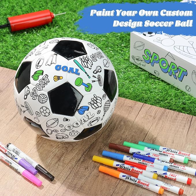 Size 4 Color Your Own Soccer Ball Black DIY Custom Craft Kit with Pump 12 Markers Personalized Youth Toddler Training Paint Your Own Toy Creative Gift for Kids (Black Soccer Ball, 4)