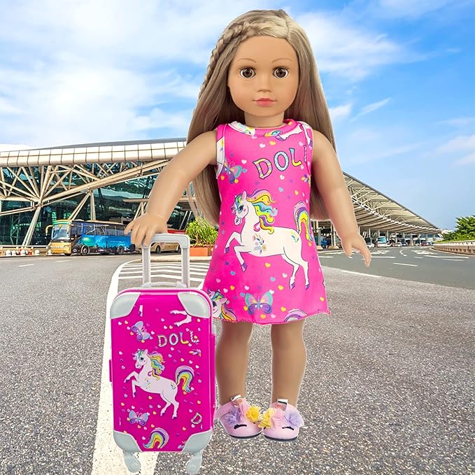 ZQDOLL American 18 Inch Doll Clothes and Accessories Travel Luggage Play Set Including 18 Inch Doll Clothes Travel Suitcase Travel Pillow and Eye Mask(Dolls & Shoes Not Included)