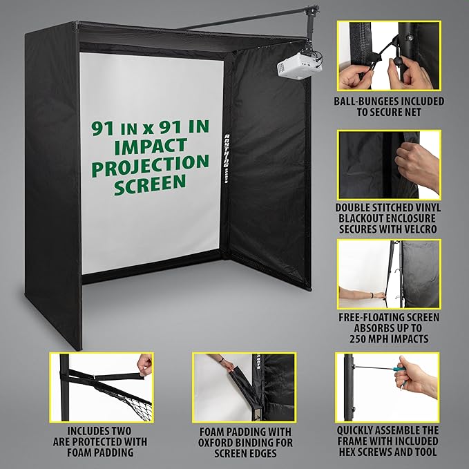 Complete Golf Simulator Enclosure Package – 4K-Ready Impact Screen with Blackout Cage, Projector Mount, Frame Poles, Side Shank Nets | Indoor & Garage Practice | Easy Setup | 12-Month Warranty