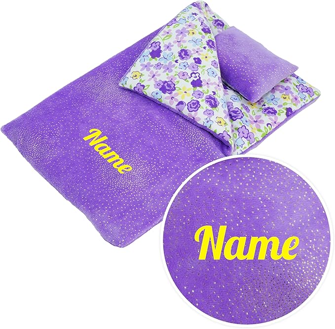 June Garden Personalized Reversible Doll Sleeping Bag - 2-Piece Playset Doll Accessory with Pillow - Fits 18" American Girl Dolls - Gifts for Girls 2 3 4 Year Old