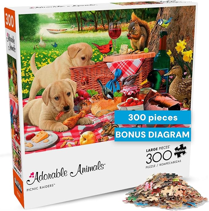 Buffalo Games - Picnic Raiders - 300 Piece Puzzle for Adults, Oversized Large Jigsaw with Easy to Grasp Pieces - Steve Read - Adorable Animals Collection