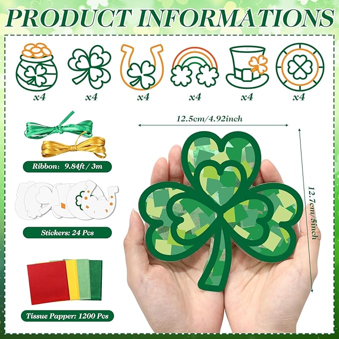 Feifeiya 24 Sets St. Patrick's Day Suncatchers Craft Kit for Kids DIY Shamrock Tissue Paper Sign Art Craft Kit Gift for Irish Saint Patrick Classroom Game Activities March Holiday Party Decor