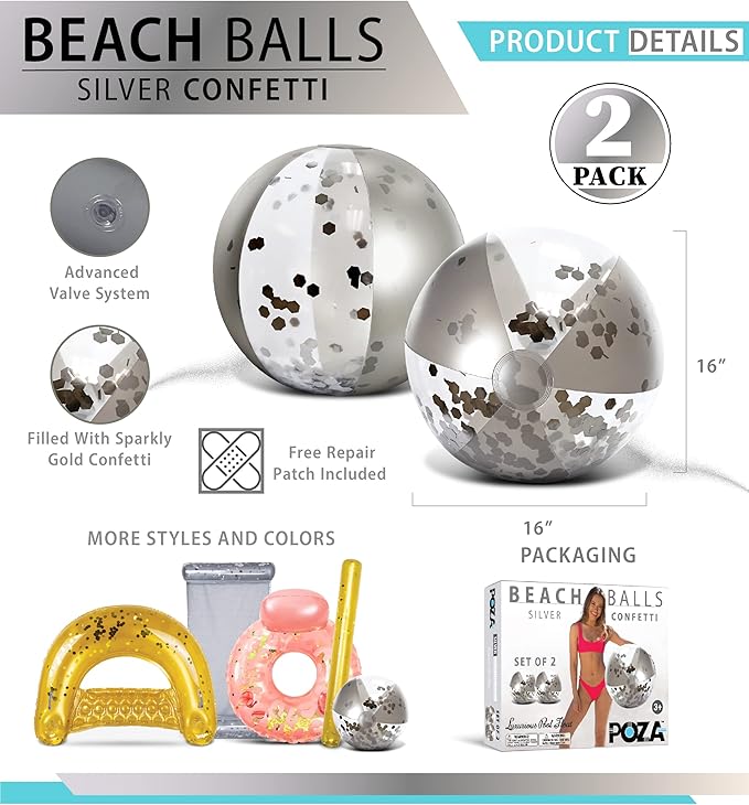 POZA Inflatable Beach Balls - Elegant Glitter Confetti Premium Floaters, Heavy Duty Vinyl Floatation Pool Toys for Pool Beach Party, UV Resistant Pool Décor
