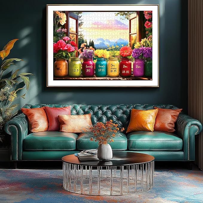 1000 Piece Jigsaw Puzzle for Adults, Colorful Mason Jars with Flowers and Sunset Mountain Landscape, 27x19 Inches Decorative Wall Artwork, Ideal for Stress Relief