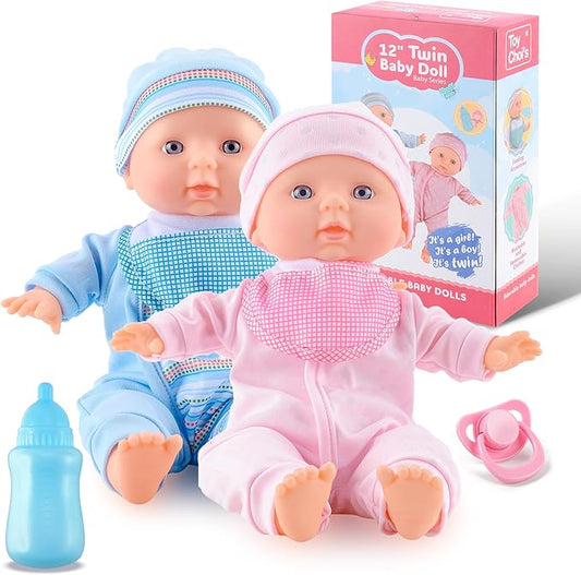 Toy Choi's Twin Baby Dolls 12 inch Soft Body 2 Dolls Playset with Rompers, Hat, Pacifier and Doll Bibs, Gifts for 1 2 3 4 5 Year Old Boys Girls, Toddlers and Kids