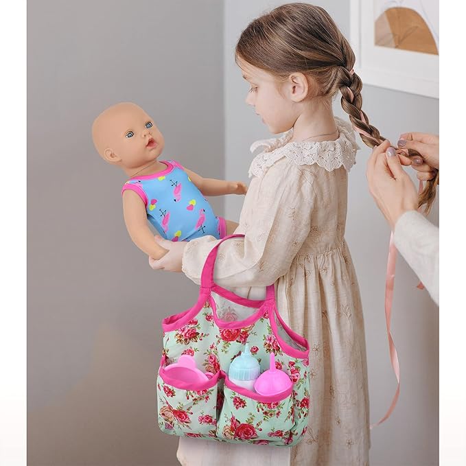 UNICORN ELEMENT 8 Pcs Baby Doll Clothes and Accessories, Baby Feeding and Caring Set with Doll Diaper Bag, Clothes, Diapers, Bottles, Pacifier, Swimsuits,Best Gift for Kids