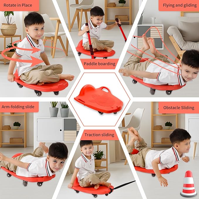 Large Scooter Board for Kids, Plastic Floor Scooter Board with Handles and Buckle, Gym Scooters for Indoor Outdoor Sports,Sensory Training