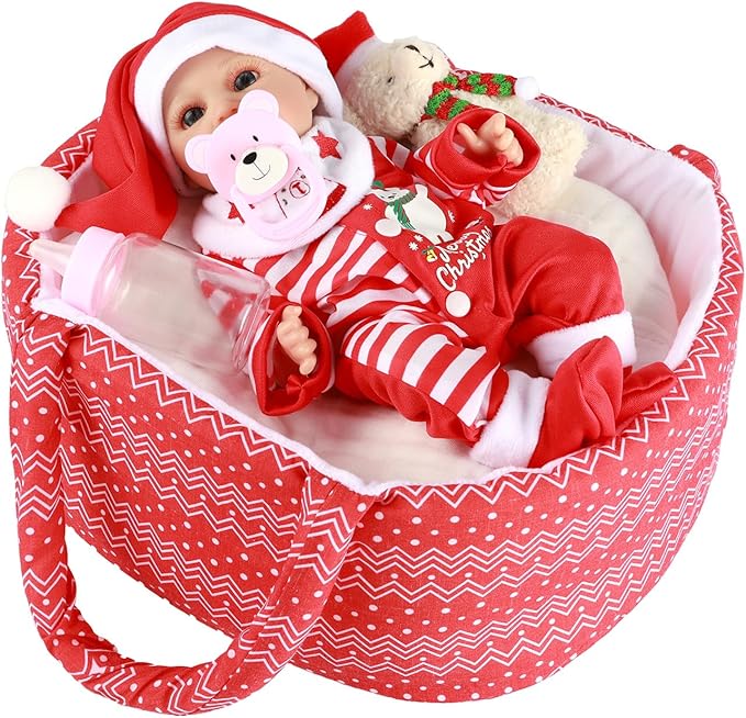 BABESIDE 9 Pcs Christmas Baby Doll Clothes with Bassinet for 10-11-12 Inch Babydolls, Baby Doll Accessories and Dolls Clothes fit Small Baby Dolls Girl, Babies Pretend Play Set