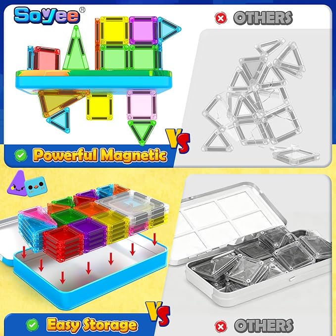 Soyee Easter Basket Stuffers for Toddler Kids Mini Magnetic Tiles 60PCS Toddler Kids Toys Travel Set with Metal Tin Case, Portable STEM Building Blocks Kids Toy for 3-12 Year Old Boys & Girls