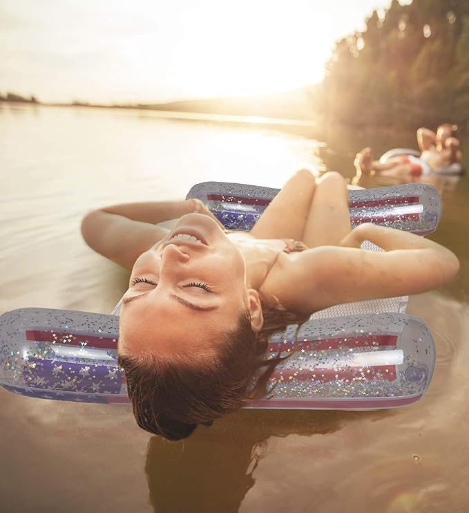 POZA Inflatable USA Pool Float - Luxurious Fun Lounger Filled with Sparkle Silver Stars Confetti, Cool USA Flag Design Water Swimming Pool Floaties for Beach, Lake & Pool